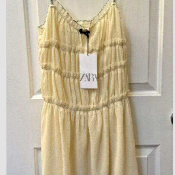 Zara Little Bow Textured Beige Black Straps Mini Dress Size M Feminine Beach Fun - Picture 2 of 9